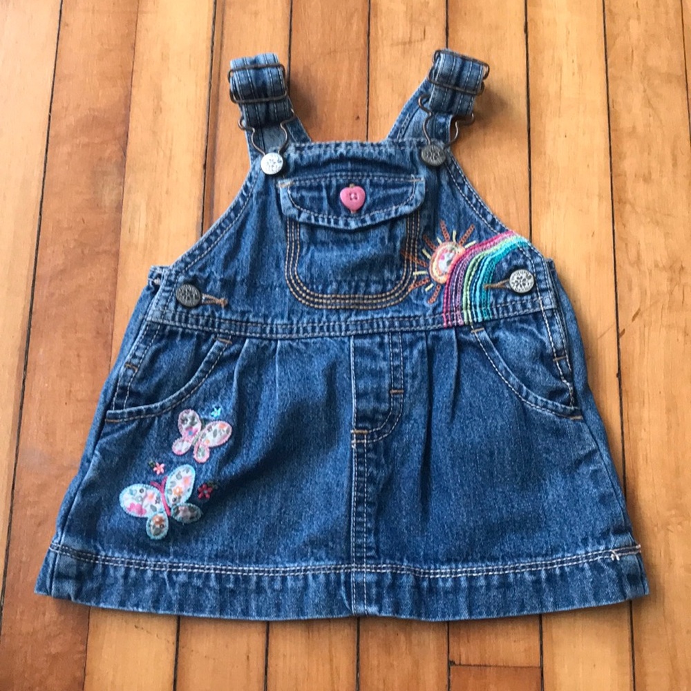 OshKosh B'gosh Blue Denim Pinafore Dress with Rainbow & Butterfly Embroidery